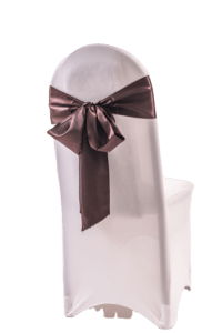 Warm chocolate brown satin chair sash rental for elegant Ottawa events by Decorentals2go