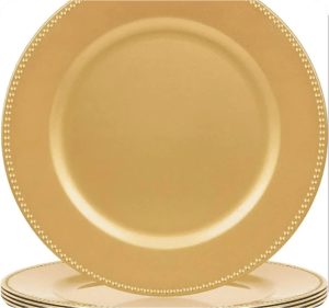 Gold charger plate with beaded rim for rent in Ottawa