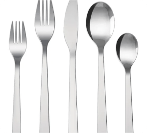 Polished stainless steel cutlery set including fork, knife, and spoon, available for event rental in Ottawa from Decorentals2go