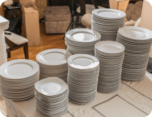 Classic round white dinner plate, ideal for weddings and events, available for rental in Ottawa from Decorentals2go