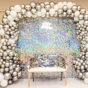 Silver and white balloon arch and ornate bench, rental by Decorentals2go Ottawa