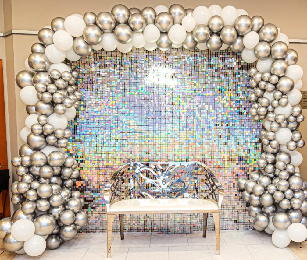 Silver and white balloon arch and ornate bench, rental by Decorentals2go Ottawa