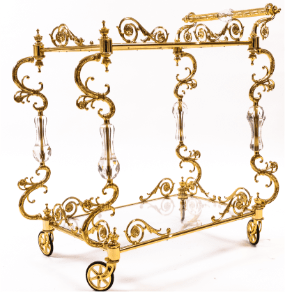 Gold baroque style bar cart with glass shelves for event rentals by Decorentals2go Ottawa
