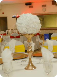 Gold pedestal white floral centerpiece rental for sophisticated spring weddings in Ottawa by Decorentals2go