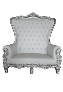 Silver and white throne chair rental for weddings and events in Ottawa from Decorentals2go